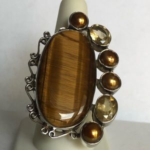Tiger’s Eye, Gold Pearls & Citrine Gemstones in Sterling Adjustable Ring